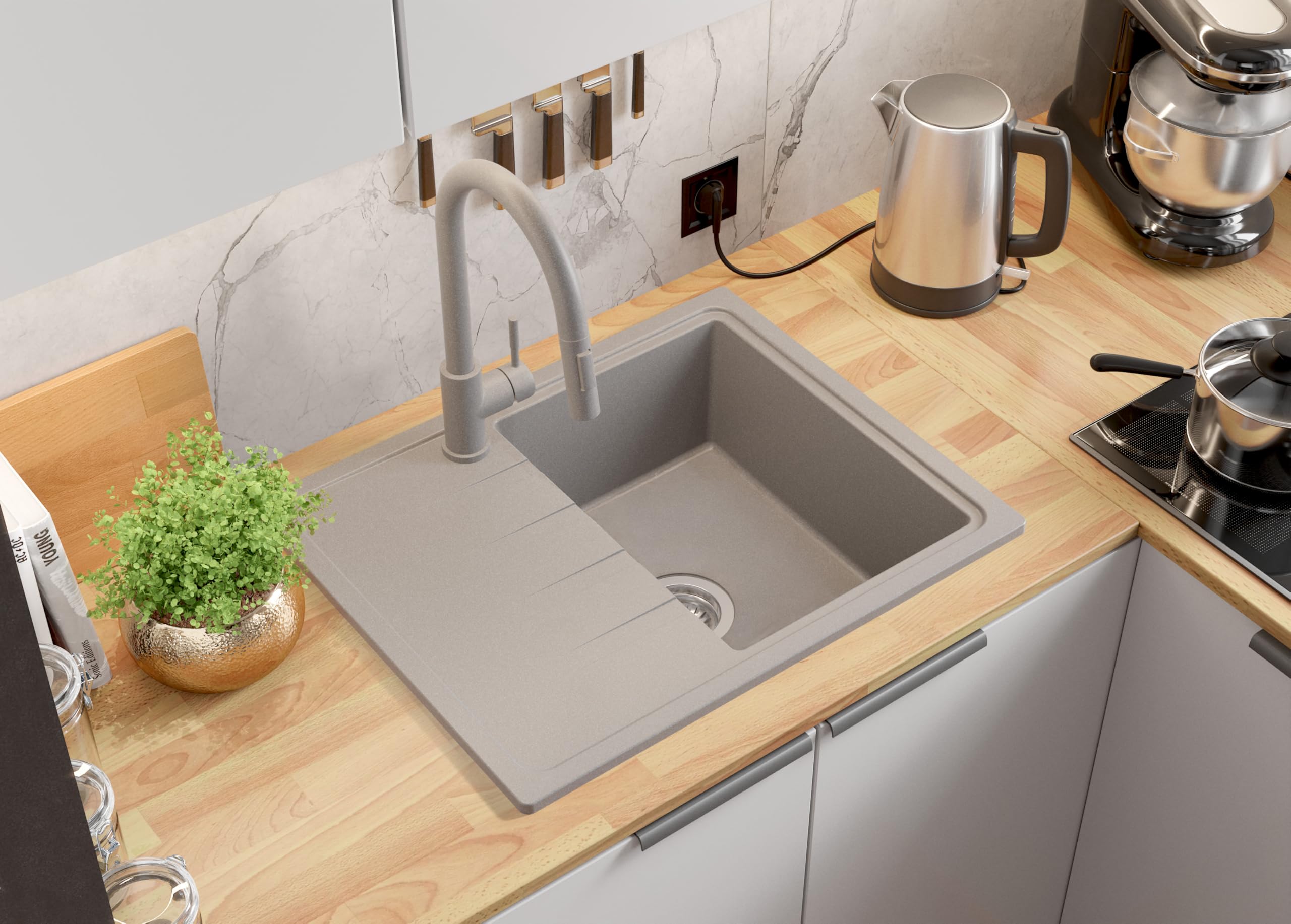 PRIMAGRAN Evier Cuisine en Granit au Meuble 40cm + Kit de Vidage, 62x50cm