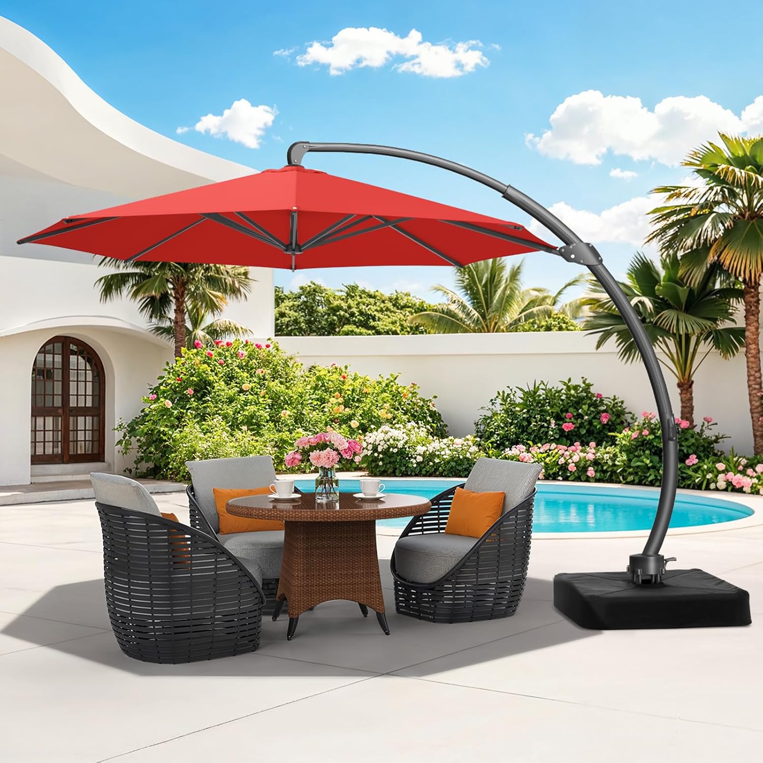 11 FT Outdoor Patio Umbrella with Base, Aluminium Curved Cantilever Umbrella, Large Round Hanging Offset Umbrella with Unlimited Position Adjustment and 360°Rotation for Market Garden Pool, Red