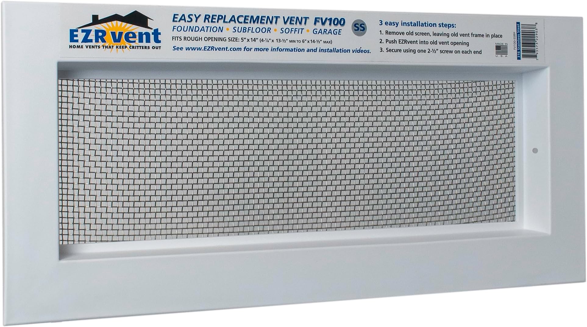 EZRvent 5x14 Foundation and Garage Vent- Stainless (FV100-SS8H)