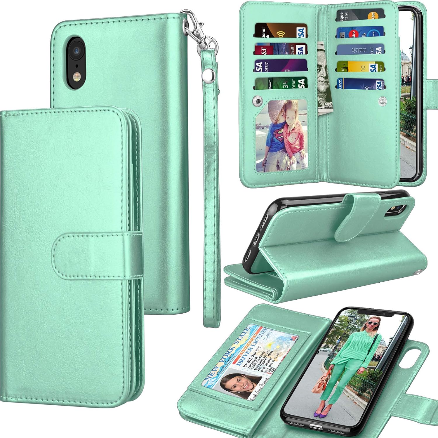 Tekcoo for iPhone XR Wallet Case/iPhone XR Case, 6.1" Luxury Cash ID Credit Card Slots Holder [Turquoise] Purse Carrying PU Leather Folio Flip Cover [Detachable Magnetic Hard Case] & Kickstand