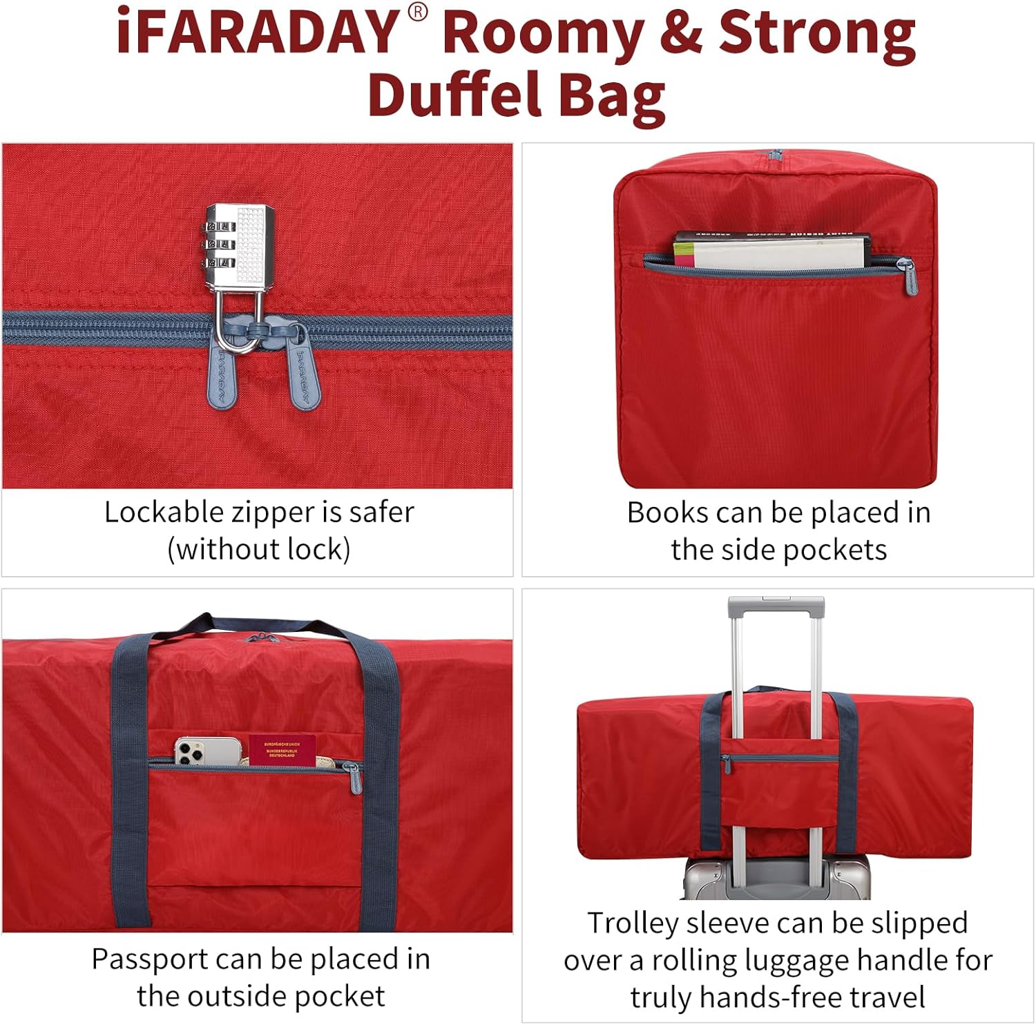 Foldable Duffle Bag for Travel - 75L Large Spare Travel Duffel Bag Lightweight with Trolley Sleeve - Red - Image 4