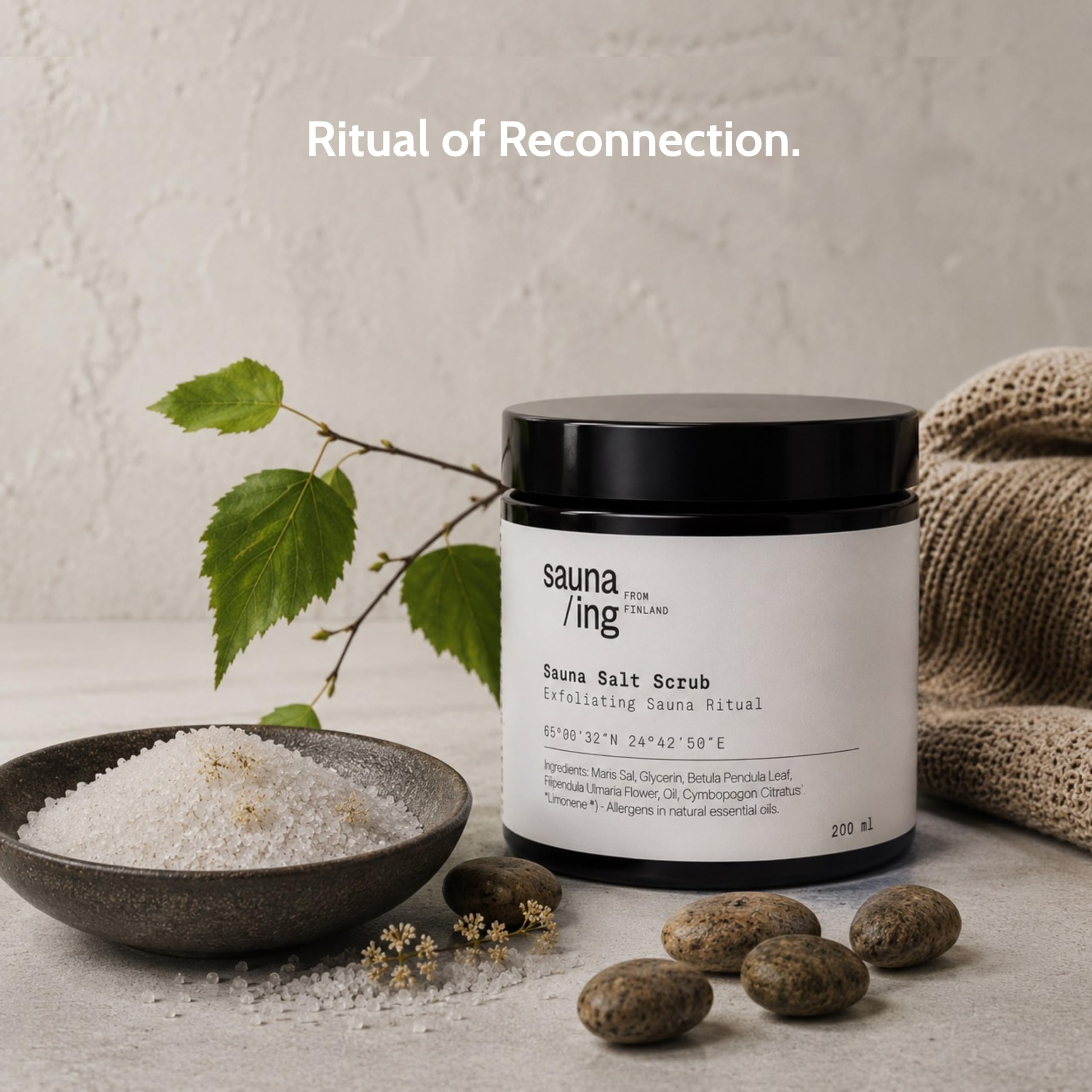 Sauna Salz Peeling Kiefer & Zitronengras 200 ml – Meersalz Körperpeeling für Sauna & Dusche – Salz-zu-Gel Peeling, feuchtigkeitsspendend & glättend – Vegan, Made in Finland