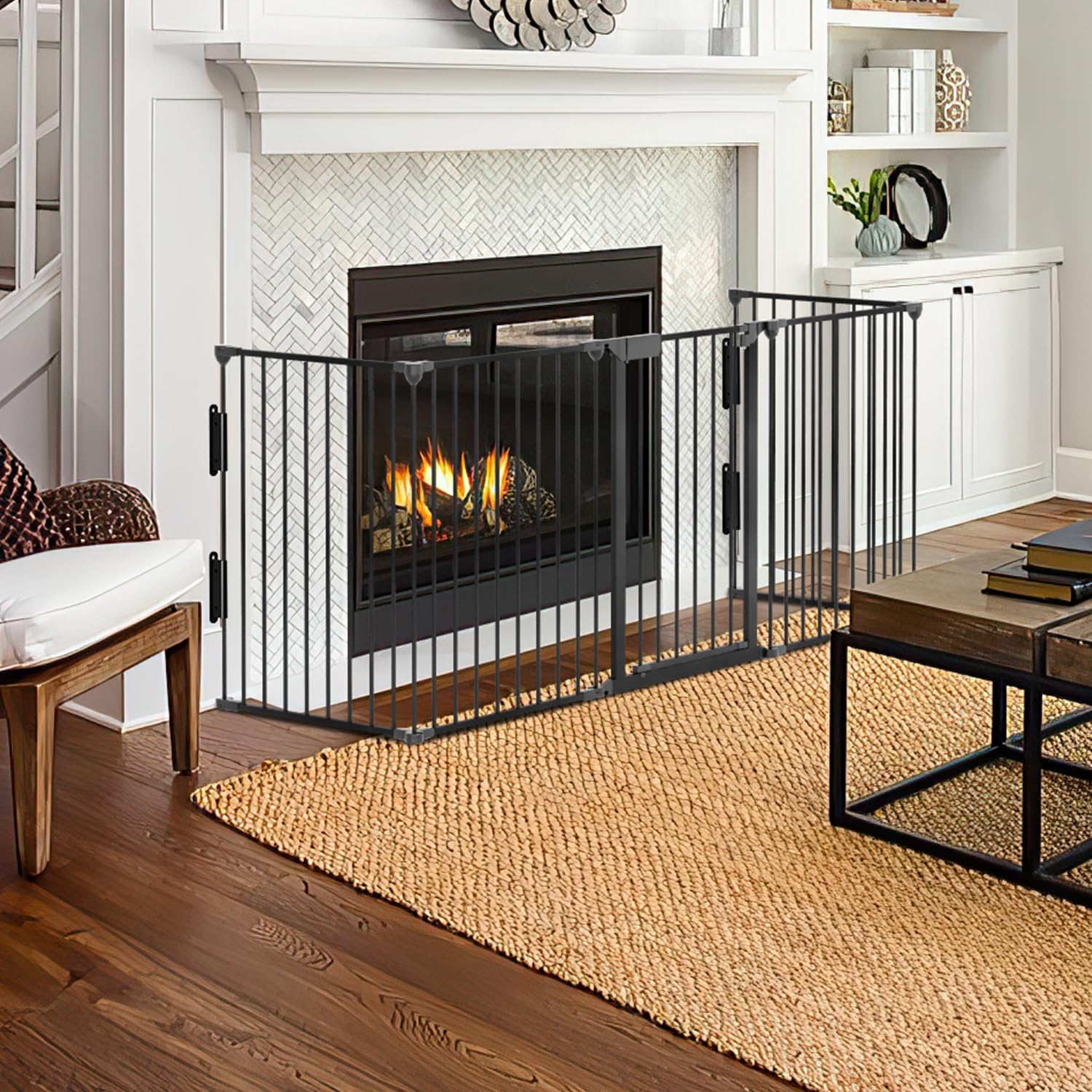 Fiqops Rejilla de protección para chimenea con puerta, 310 cm, de metal, con puerta de seguridad, color negro, 5 piezas (66 x 75 cm)