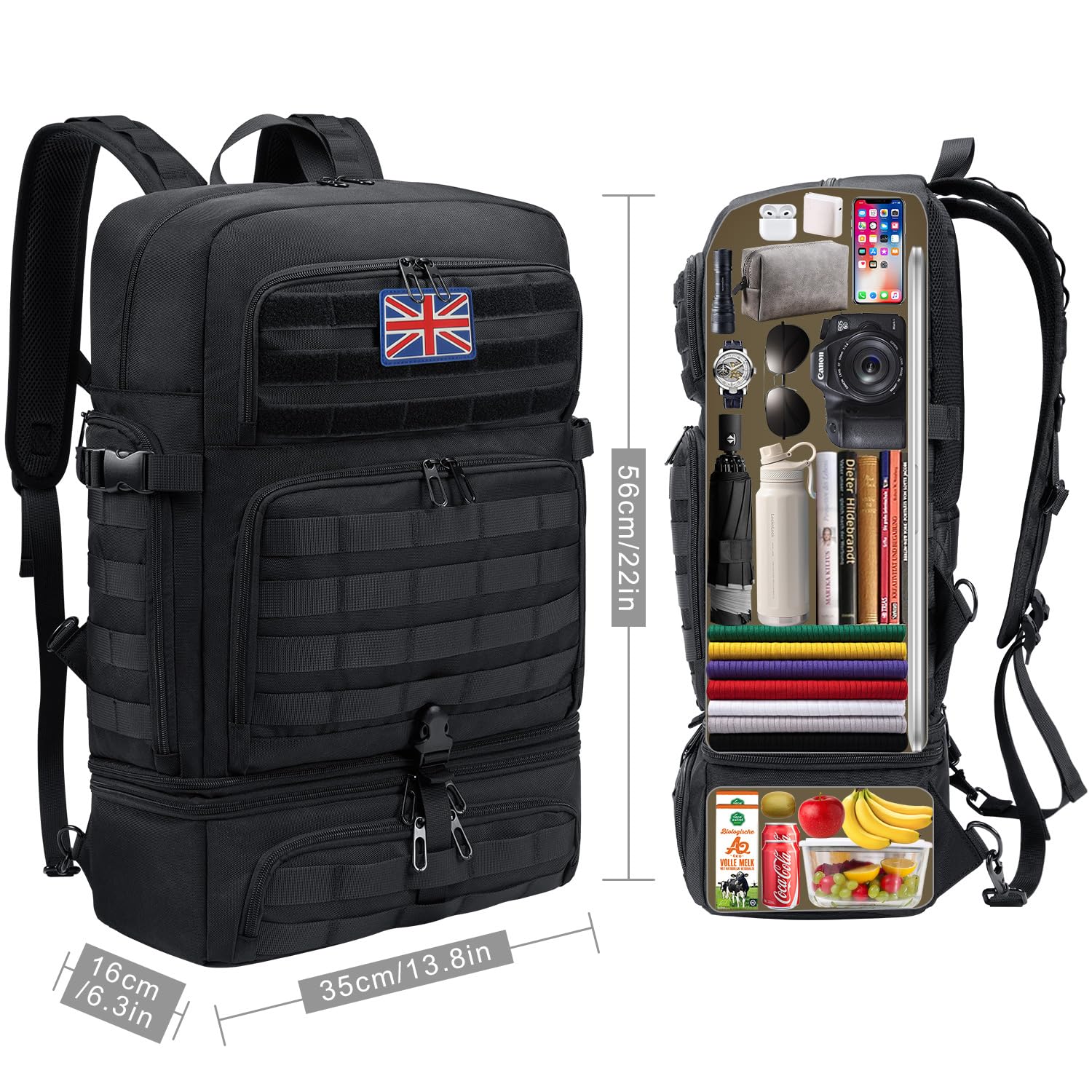 BERTASCHE Lunch Backpack for Men, Laptop Backpack with Insulated Cooler Box, Work Bag for Office, Travel, Uni, Hiking, Tactical, Molle, Black - Image 2