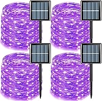 Vista 17 de YEGUO Paquete de 4 luces solares blancas, cada 33 pies 100 luces LED de Navidad impermeables para exteriores, 8 modos de alambre plateado