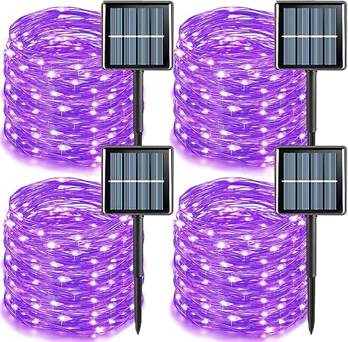 Miniatura 17 de YEGUO Paquete de 4 luces solares blancas, cada 33 pies 100 luces LED de Navidad impermeables para exteriores, 8 modos de alambre plateado