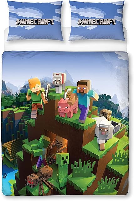 Minecraft Official Double Duvet Cover Set | Epic Design Reversible 2 Sided Bedding Including Matching Pillow Cases | Character World Brands Gaming Double Bed Set | Polycotton