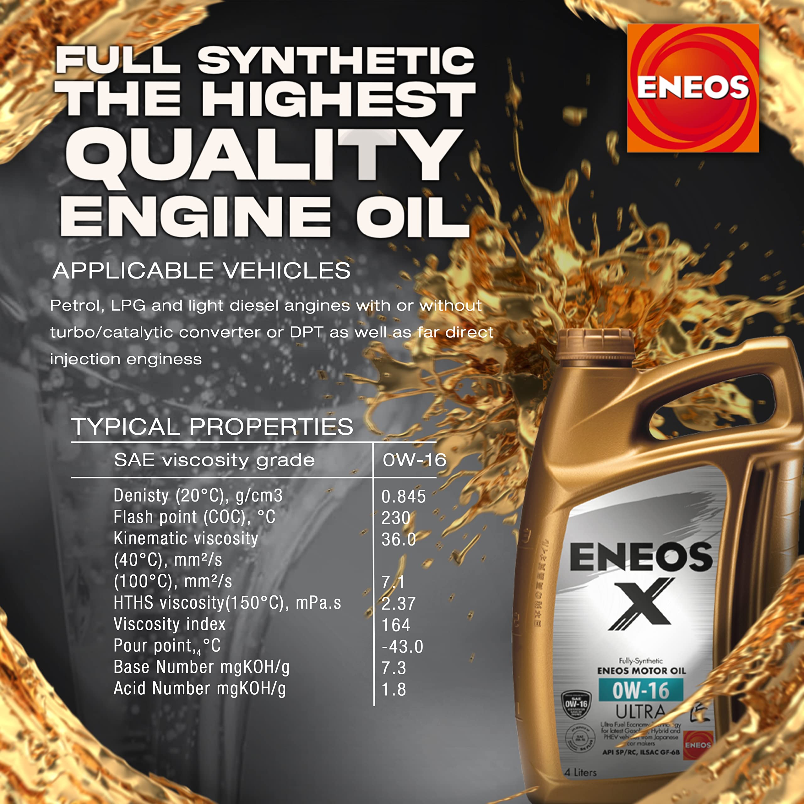 ENEOS Motoröl 0W-16 “X ULTRA” 4L - Motorenöl für Hybridmotoren - Synthetik Motor Öl mit Organischen Zusätzen - Weniger Kraftstoffverbrauch - Motorschutz