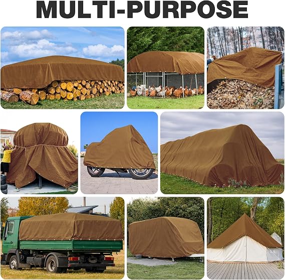 Winpull Heavy Duty Canvas Tarp 8x10 ft, 12oz (350 GSM) Polyester Canvas Water-Resistant Tarp with Rustproof Grommets, Tear-Resistant Outdoor Cover for Wood Piles, Camping, Trailer & Equipment