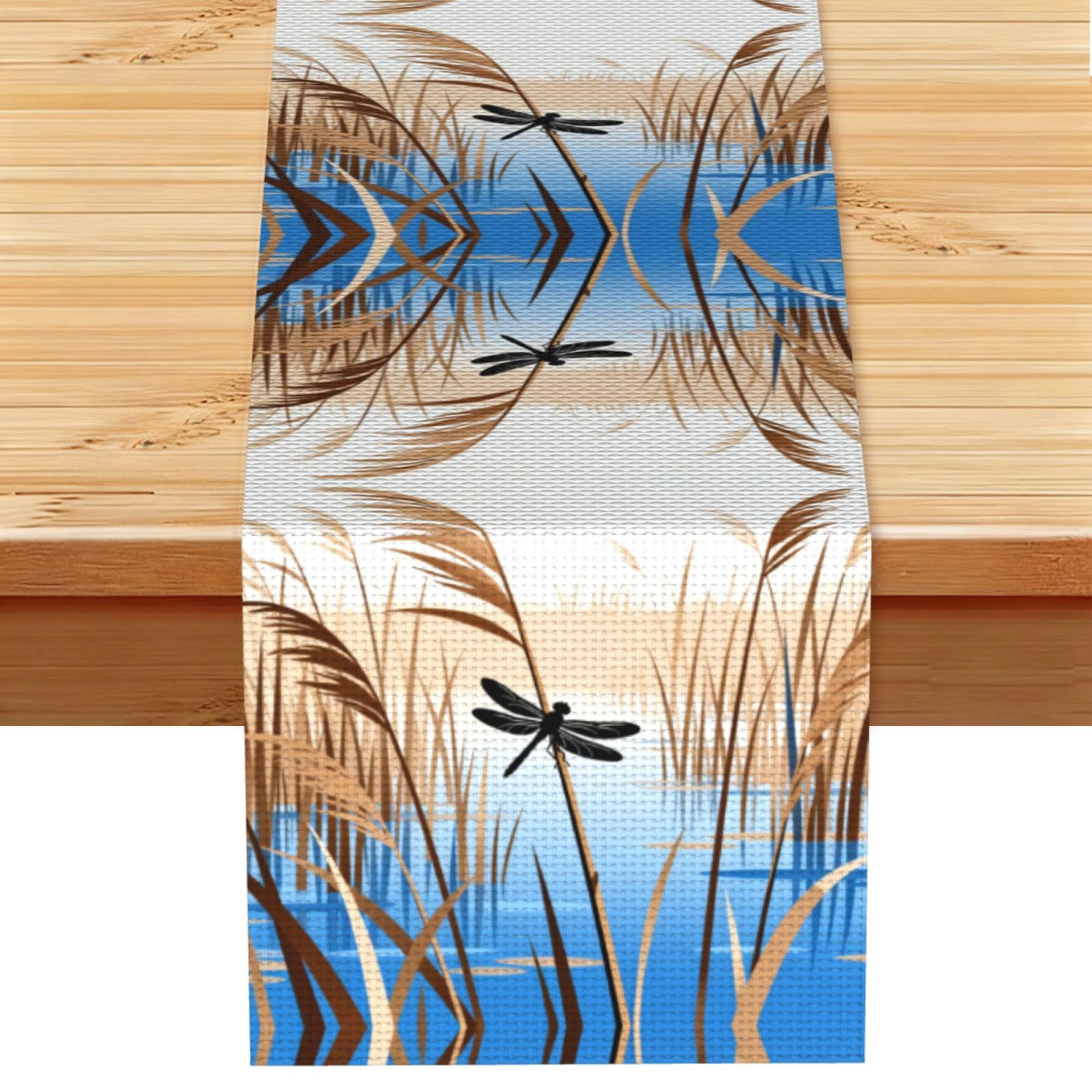 Reeds Dragonfly Pond Linen Look Table Runner 13x72-Wrinkle Resistant Farmhouse Style for Dining Table Decor