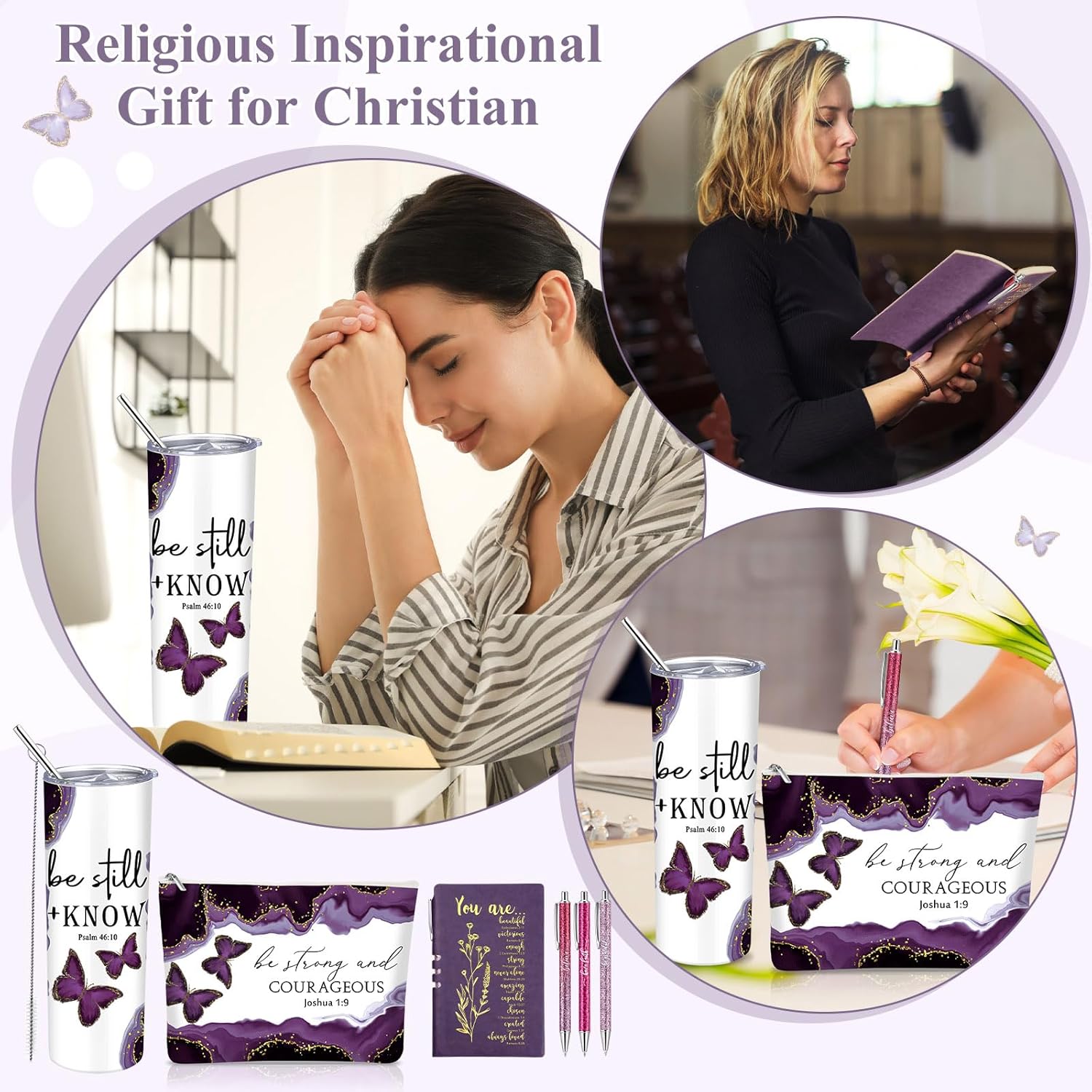 6 Pcs Christian Gift for Women Inspirational Present for Religious Marble Tumbler Makeup Bag Journal Ballpoint Pen Church Gift for Pastor Wife Friends Spiritual Mentor(Purple) - Image 5