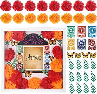 10x10 Dia De Los Muertos Ofrenda Shadow Box Wood Day of Dead Altar Display Case with Sugar Skull Frame Papel Picado Marigold Butterfly Dia De Los Muertos Decorations for Memory Keepsake Gifts
