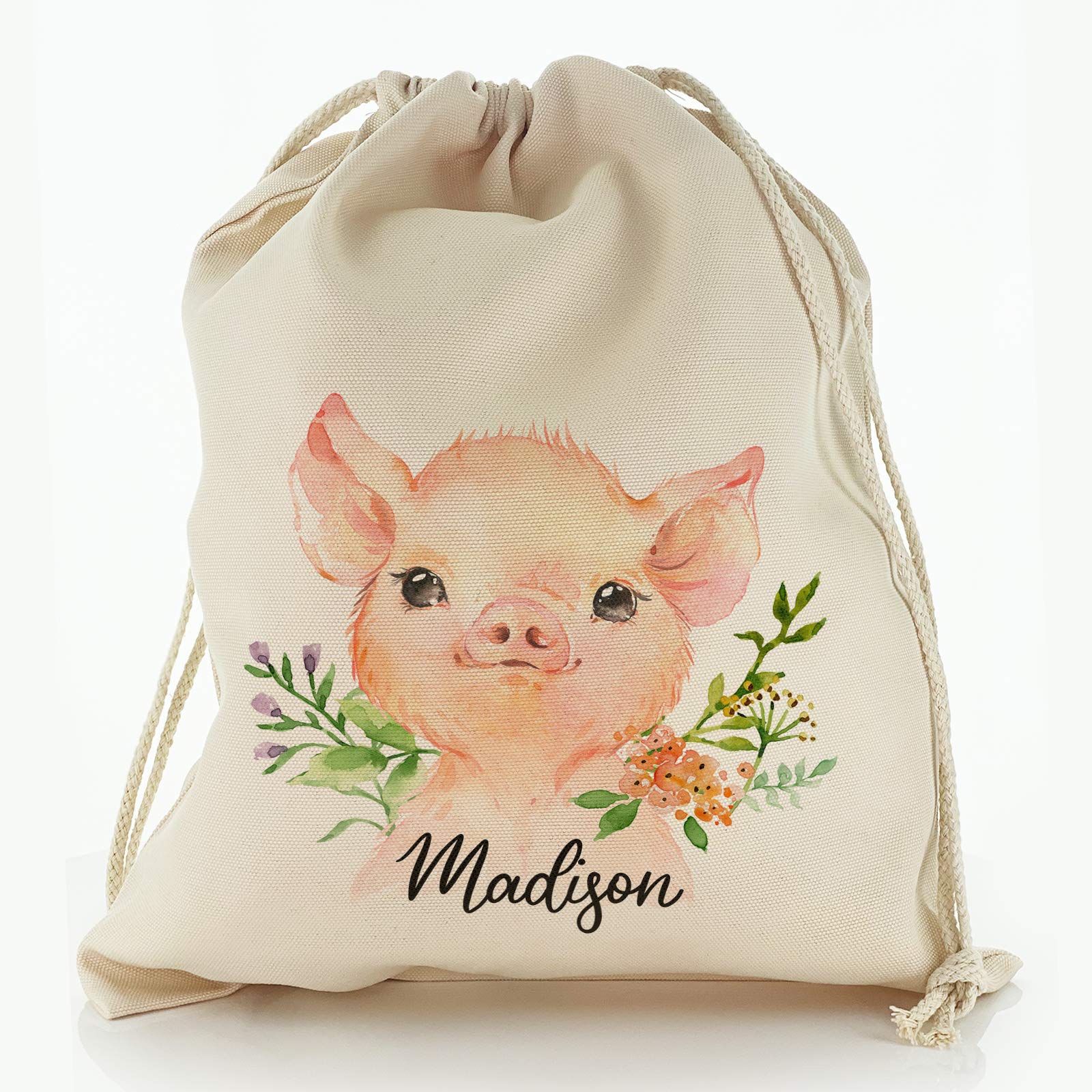 Personalised Bag, Birthday Gift Bag Customised with Initial/Name/Text, Pink Pig Flowers Design, Storage Bag, Drawstring Top Sack, Sizes: XXS, XS, S, M, L, XL