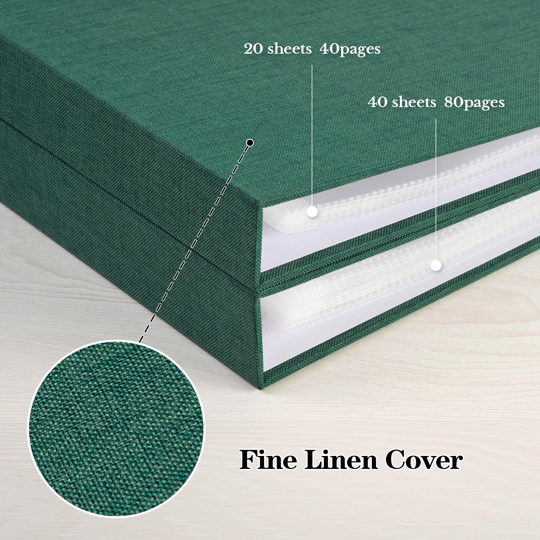 Mublalbum Álbum de fotos de bricolaje de 30 x 30 cm con 20 fundas de plástico, 40 páginas funda de lino, carpeta de 3 anillos para boda, bebé, familia y proyectos de bricolaje (verde oscuro)