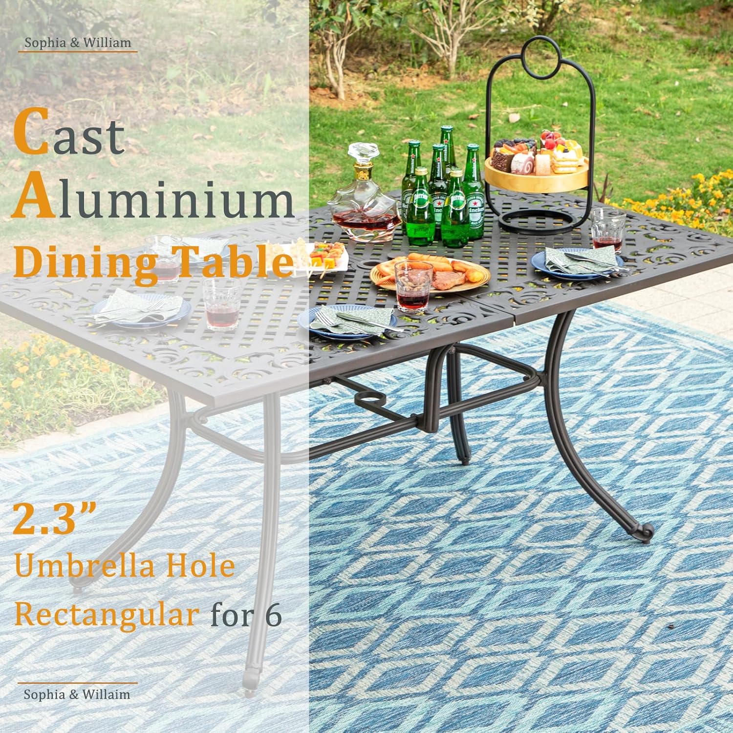 Sophia & William 7 Pieces Cast Aluminium Patio Dining Set for 6, Outdoor Swivel Rocking Chairs and Rectangular Table with 2.3" Umbrella Hole for Porch Backyard Deck, Bronze