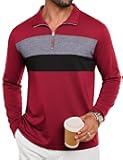 Mens Quarter Zip Polo Shirt Long Sleeve Color Block T Shirts for Men Lightweight Casual Striped Golf Polos