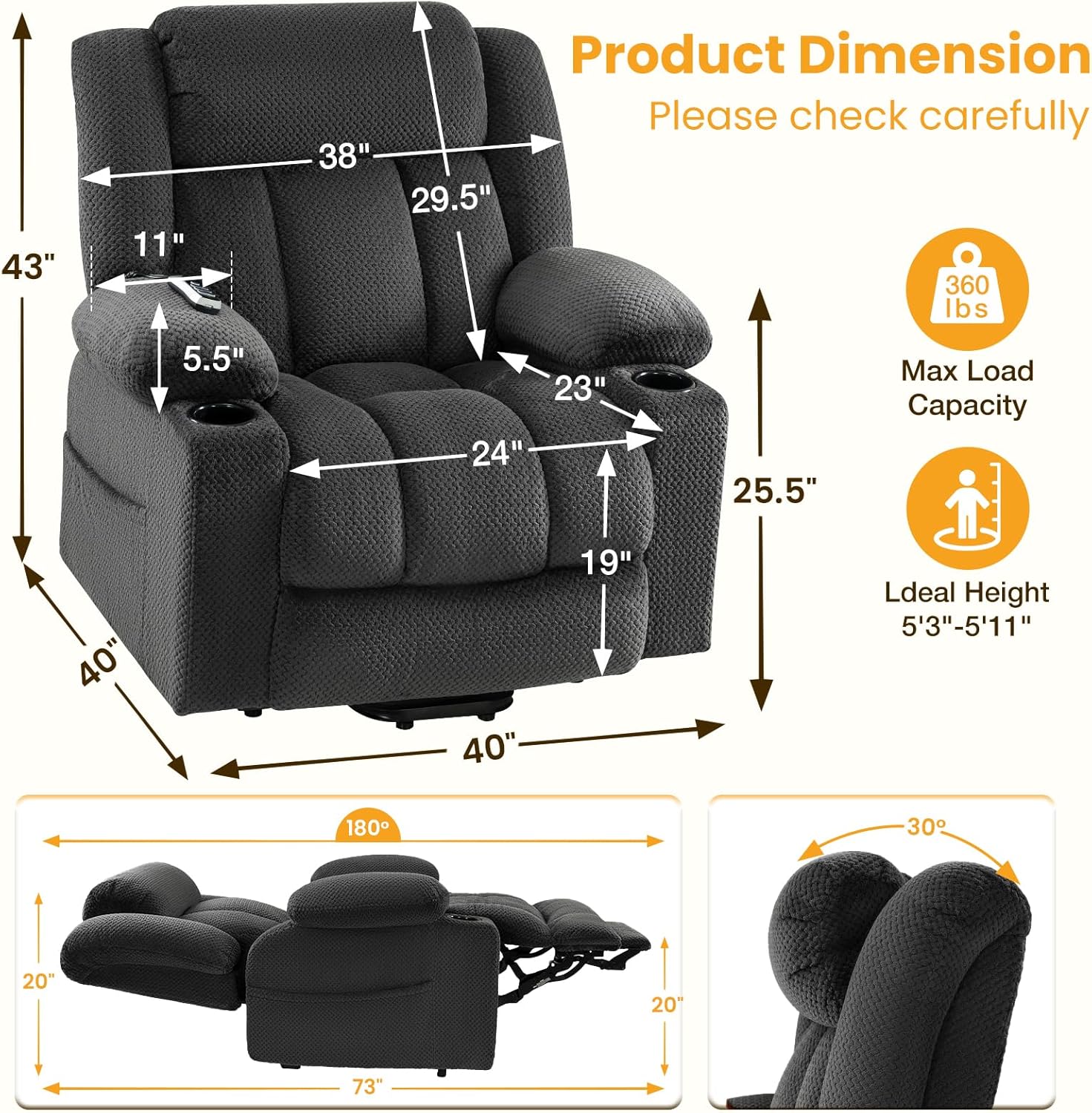 Three Motor Large-Wide Power Lift Chairs Recliners for Elderly, 180° Lay Flat Lift Recliner Chair with Massage & Heat, Infinite Positions & Power Headrest, Soft Plush Flannel (Grey)