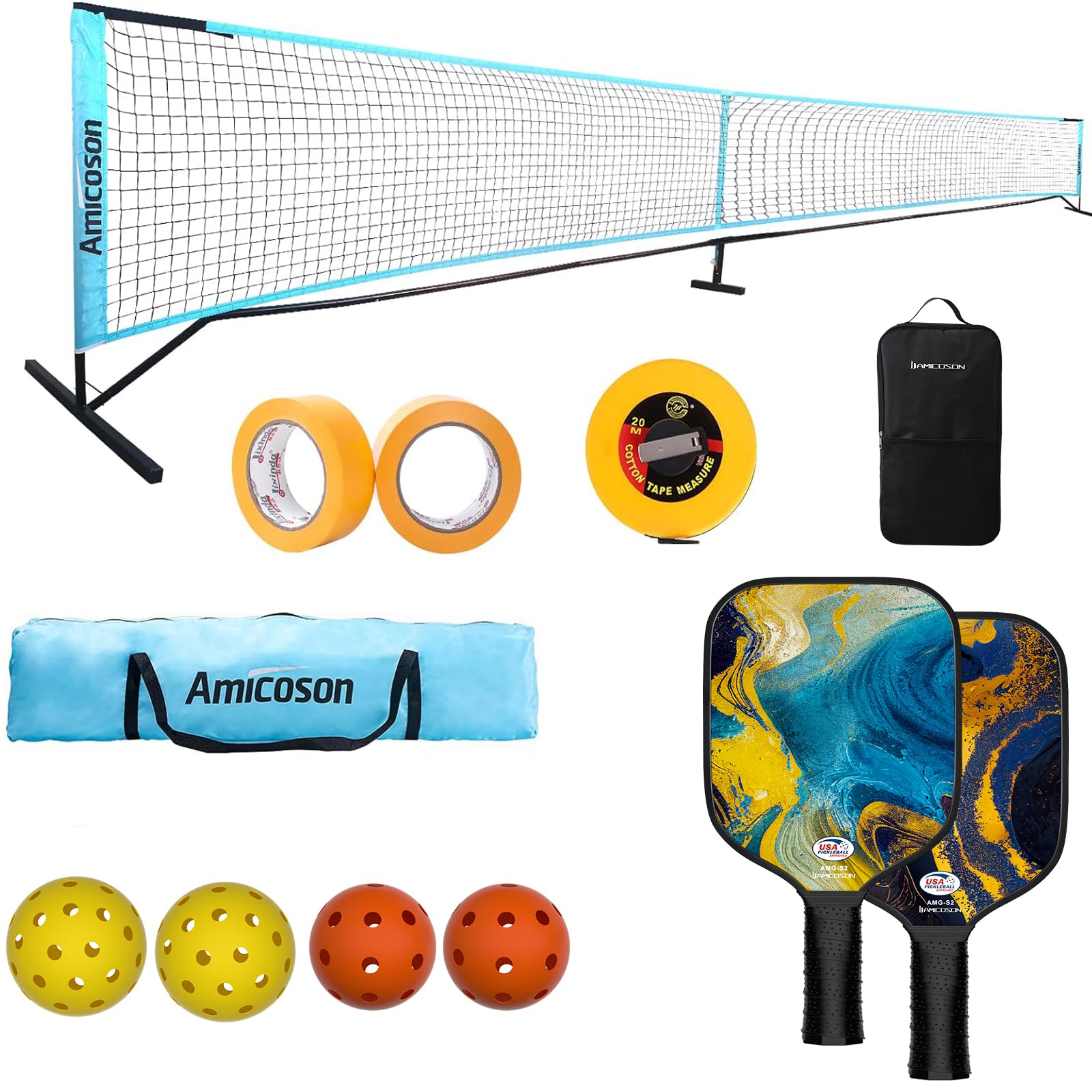 Pickleball Set with Net, 22FT Portable Pickleball Net with 2 USAPA Approved Fiberglass Surface Pickleball, 4 balls, 2 Towels, Carrying Bag, Backpack, Rolls of Court Marking Tape & Measuring Tape