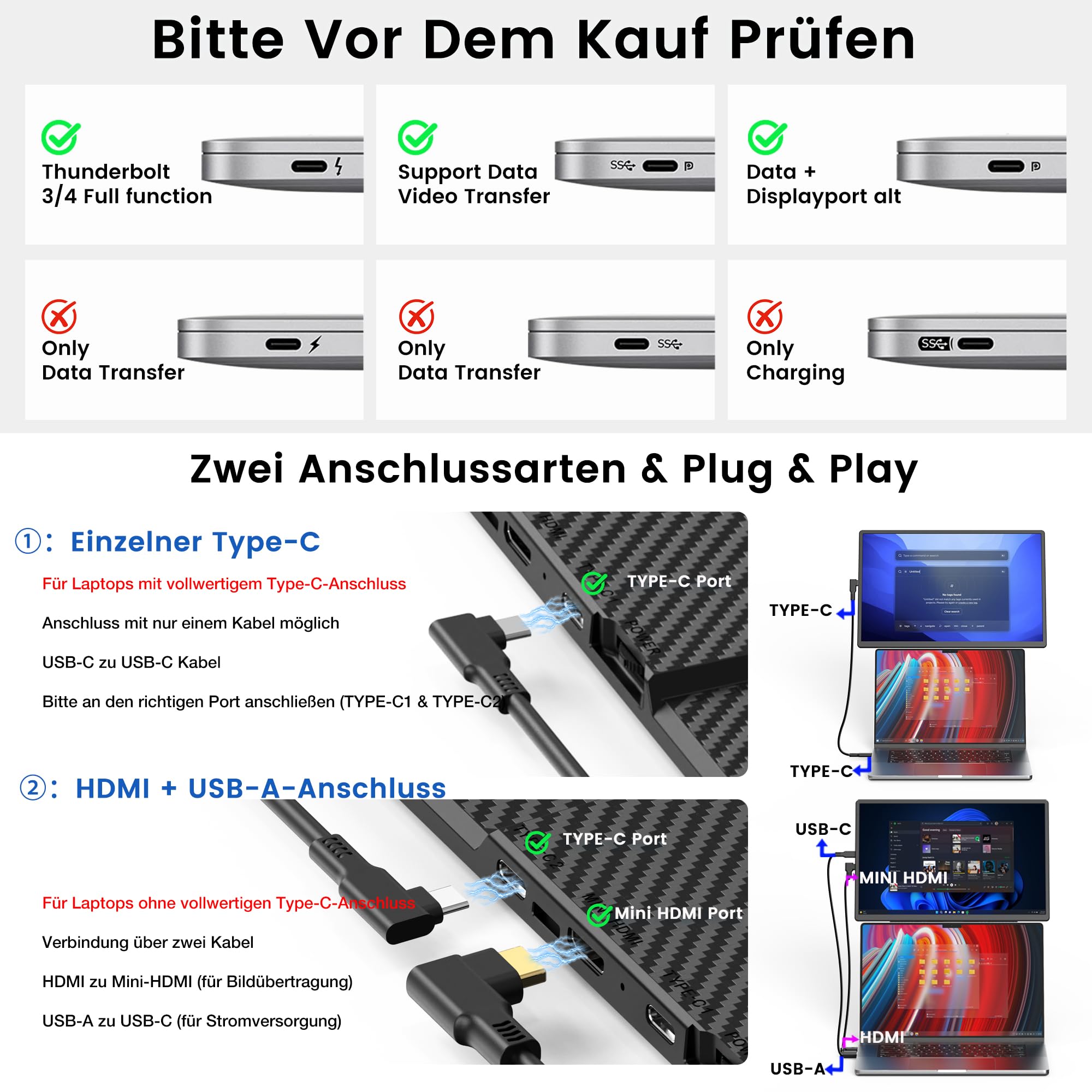 Kwumsy Laptop Bildschirm Erweiterung 16 Zoll,Tragbarer Monitor für Laptop, Full HD IPS Portable Monitor, Ultradünner Zero-Frame Display Monitor, Drehbarer & Abnehmbarer Ständer, VESA-Montierbar