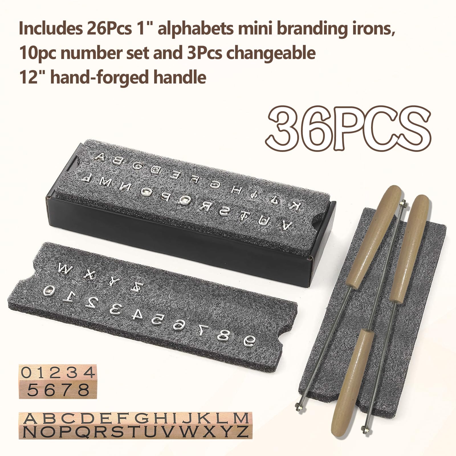 Brandeisen Set, 36 Mini 2,5 cm Brandeisen für Holz, Mini Custom Iron Personalisiertes Set, 26 englische Buchstaben und 10 Zahleneisen für Holzbearbeitung, Lederhüte, Filz