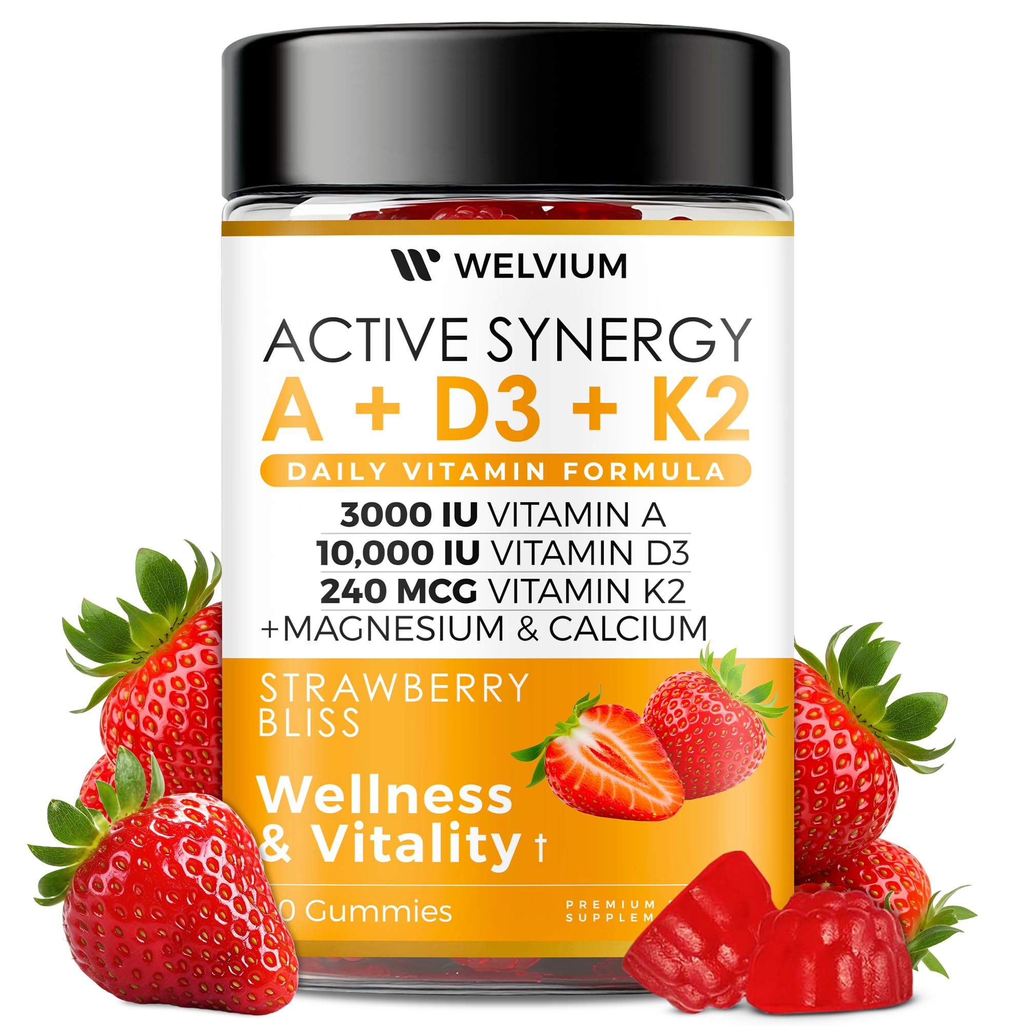 WELVIUM Suplemento em Gomas de Vitaminas D3 e K2 MK-7 com Luteína, Zeaxantina, A, E e B12 — 60 gomas