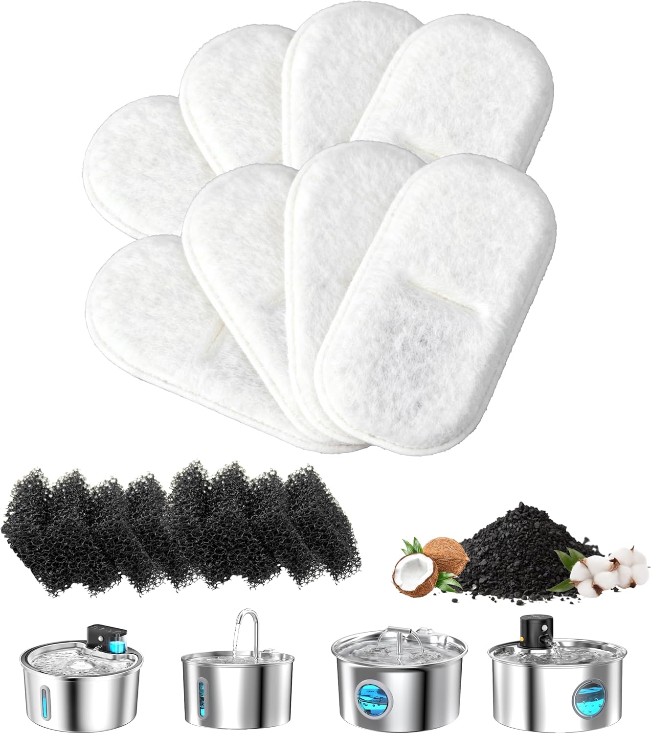 Cat Water Fountain Filter Replacement: 8 Carbon Filters & 8 Foam Sponges Kitty Spout Pump Filters for 108Oz/3.2L & 67Oz/2L Stainless Steel Pet Water Dispenser Cat Dog