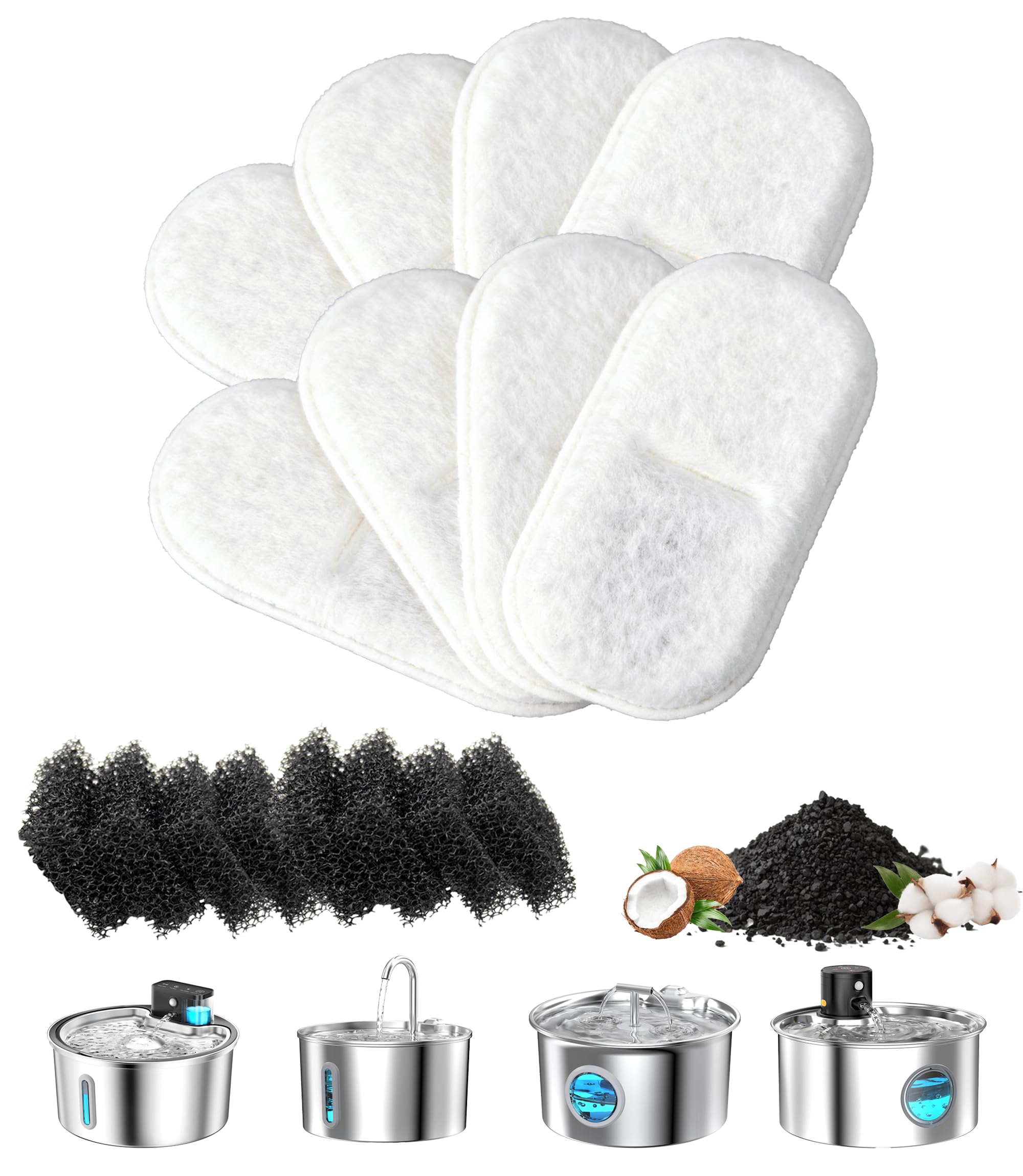 Cat Water Fountain Filter Replacement: Carbon Filters & Foam Sponges Kitty Spout Pump Filters for 108Oz/3.2L & 67Oz/2L Stainless Steel Pet Water Dispenser Cat/Dog (16)