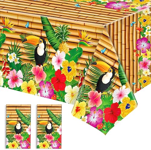 Paquete de 2 manteles hawaianos Luau para decoración de fiesta, 54 x 108 pulgadas, mantel Tiki Tropical de plástico, mantel desechable Hawaii Aloha