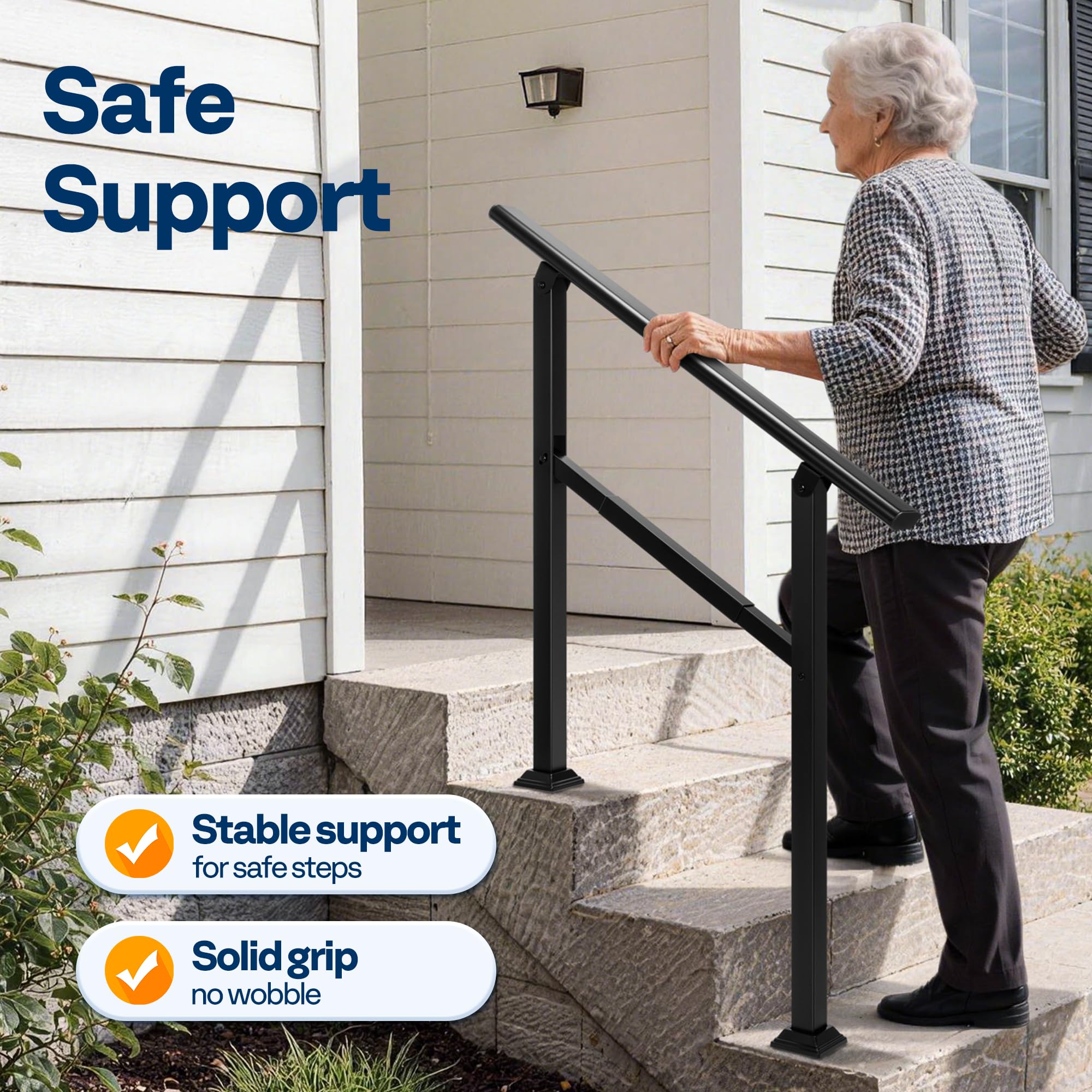 VIVOHOME Adjustable Outdoor Handrails - Durable Galvanized Steel, Black Oval Design for Porch, Deck & Stairs, 2-Pack for 3 Steps - 3