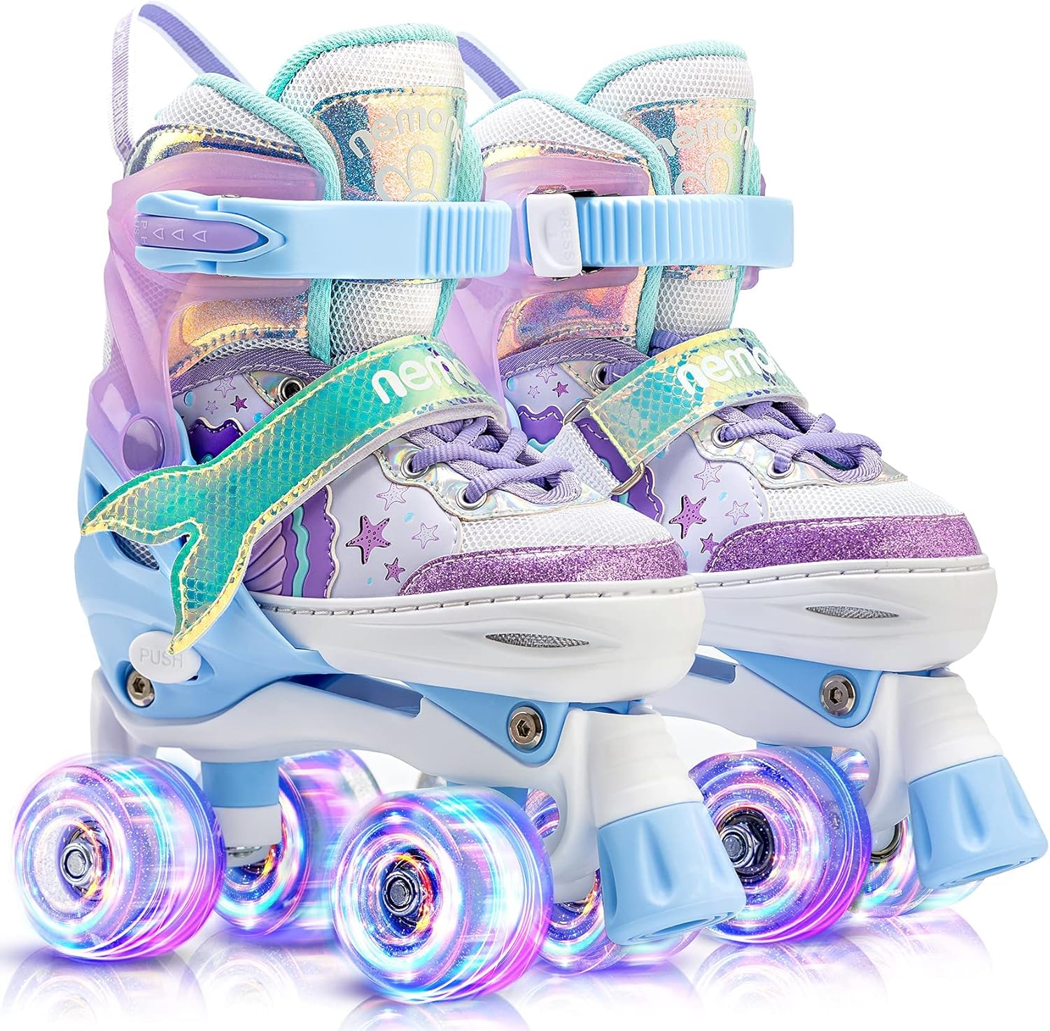 NEMONE Mermaid 4 Size Adjustable Light up Roller Skates and Inline Skates for Girls Small(10C-13C US)