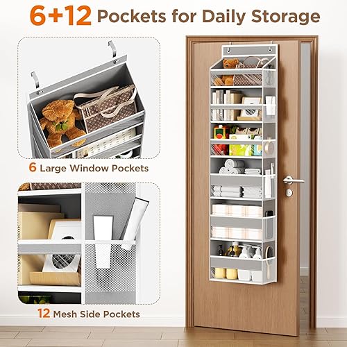 Miniatura 4 de Organizador de puerta para colgar sobre la puerta, 6 estantes para colgar con 6 bolsillos de gran capacidad, estantes colgantes para armario, pared,