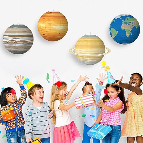 Miniatura 5 de 8 linternas de planetas de papel 3D de gran tamaño para decoración de fiesta de cumpleaños de niños con temática de astronautas, espacio exterior,