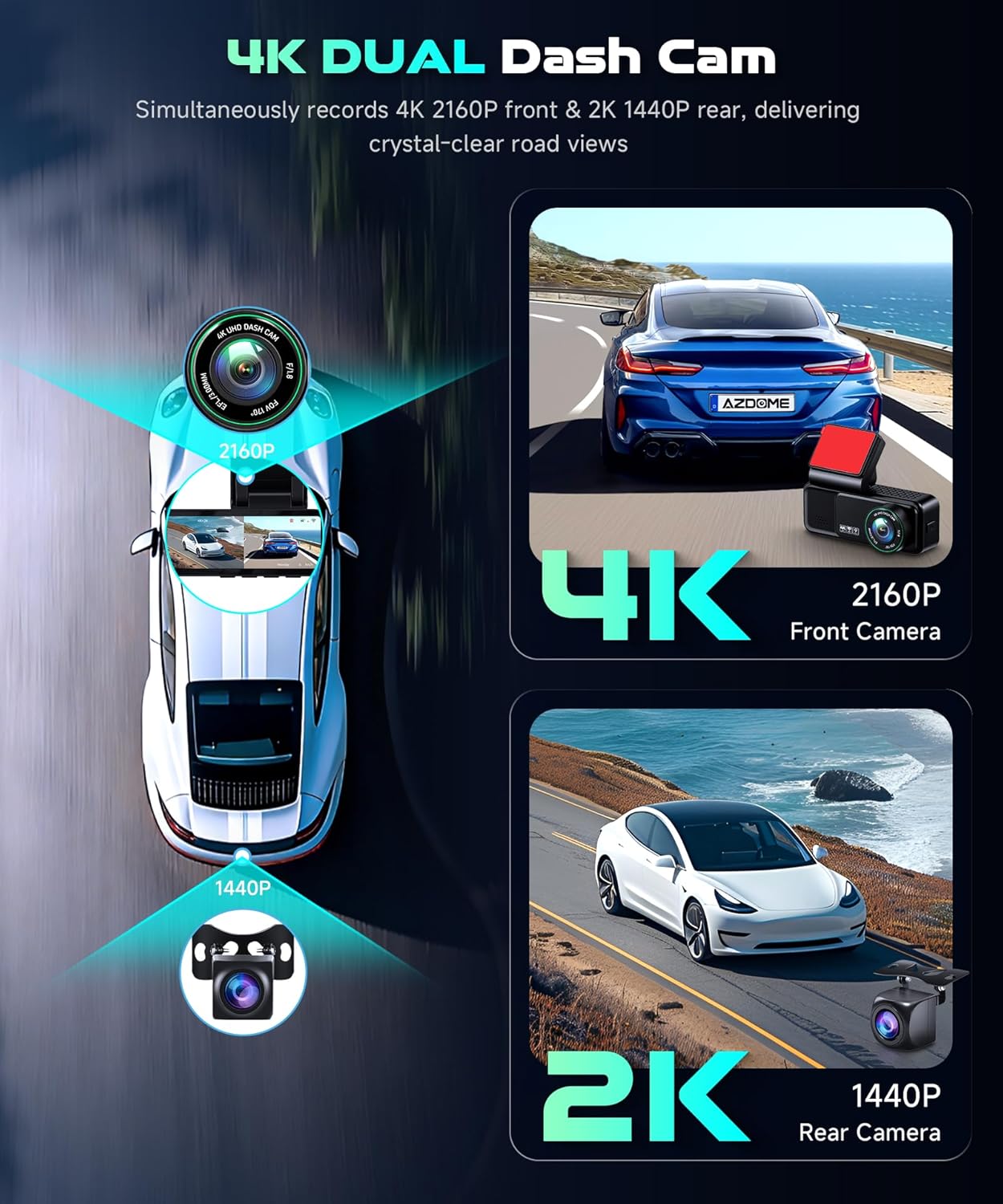 5Ghz WiFi 4K Dash Cam Front and Rear Full HD Dash Camera for Cars, Free 64GB Card, Built-in GPS/WiFi, 3.16" IPS Screen Dashcam Support App Control, G-Sensor, Night Vision, 24H Parking Mode