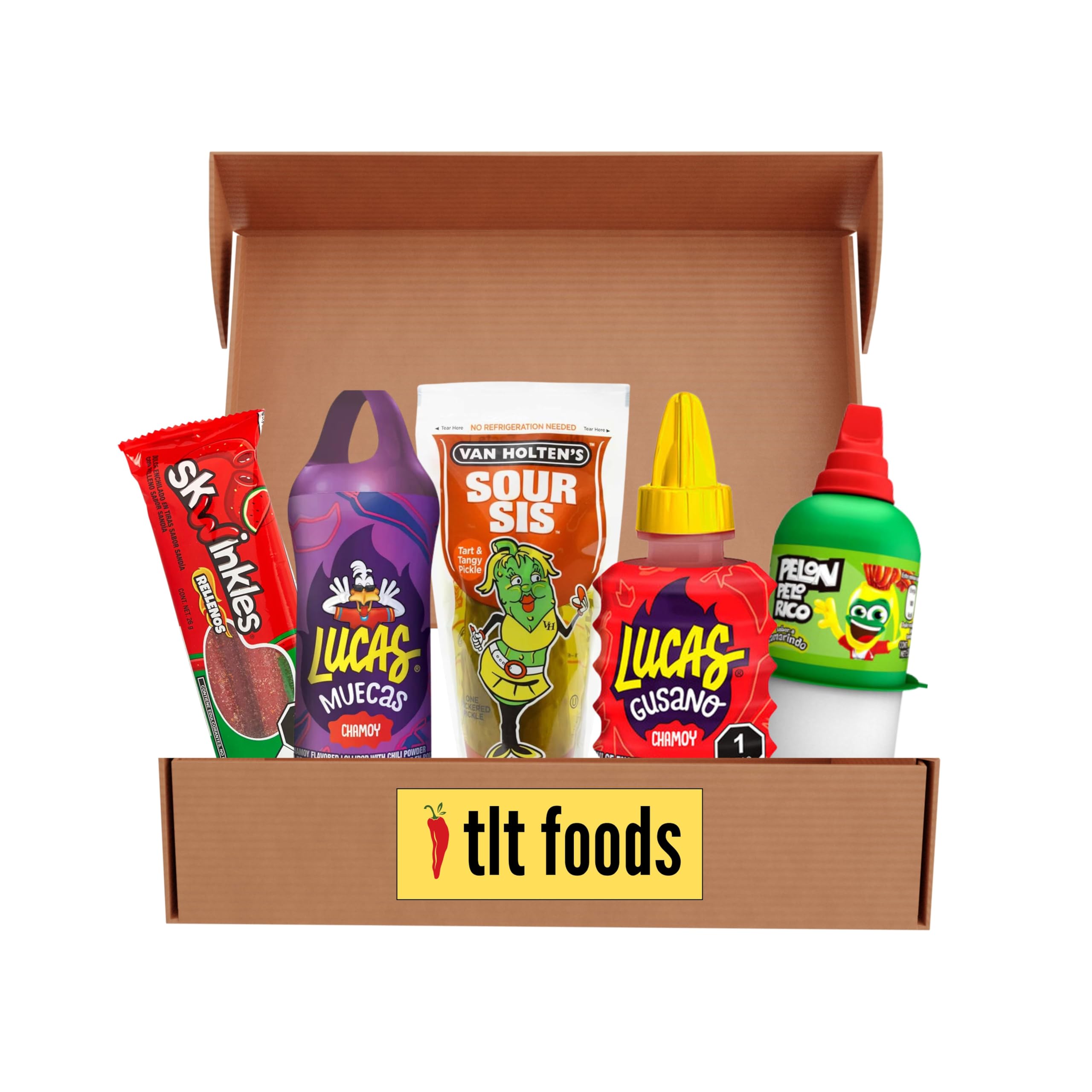 TLT FOODS Lote Snacks Mexicanos - Pepinillo encurtido, golosinas y dulces picantes enchilados - Mix Surtido para regalar, Caramelos, Candy Box, Chamoy, Tamarindo, Tajin (S)