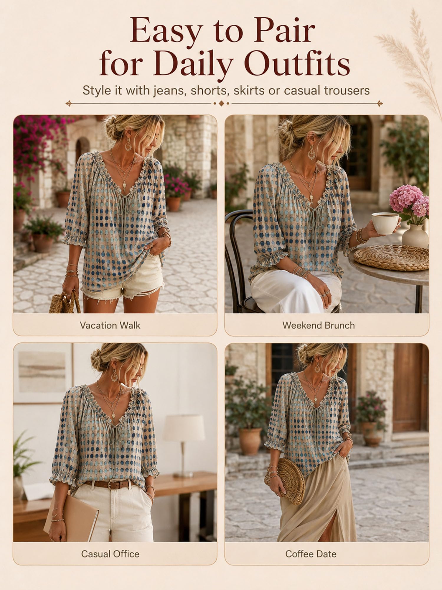 Polka Dot Lace Up Blouse for Women, V Neck Ruffle 3/4 Sleeve Summer Casual Loose Flowy Boho Tops