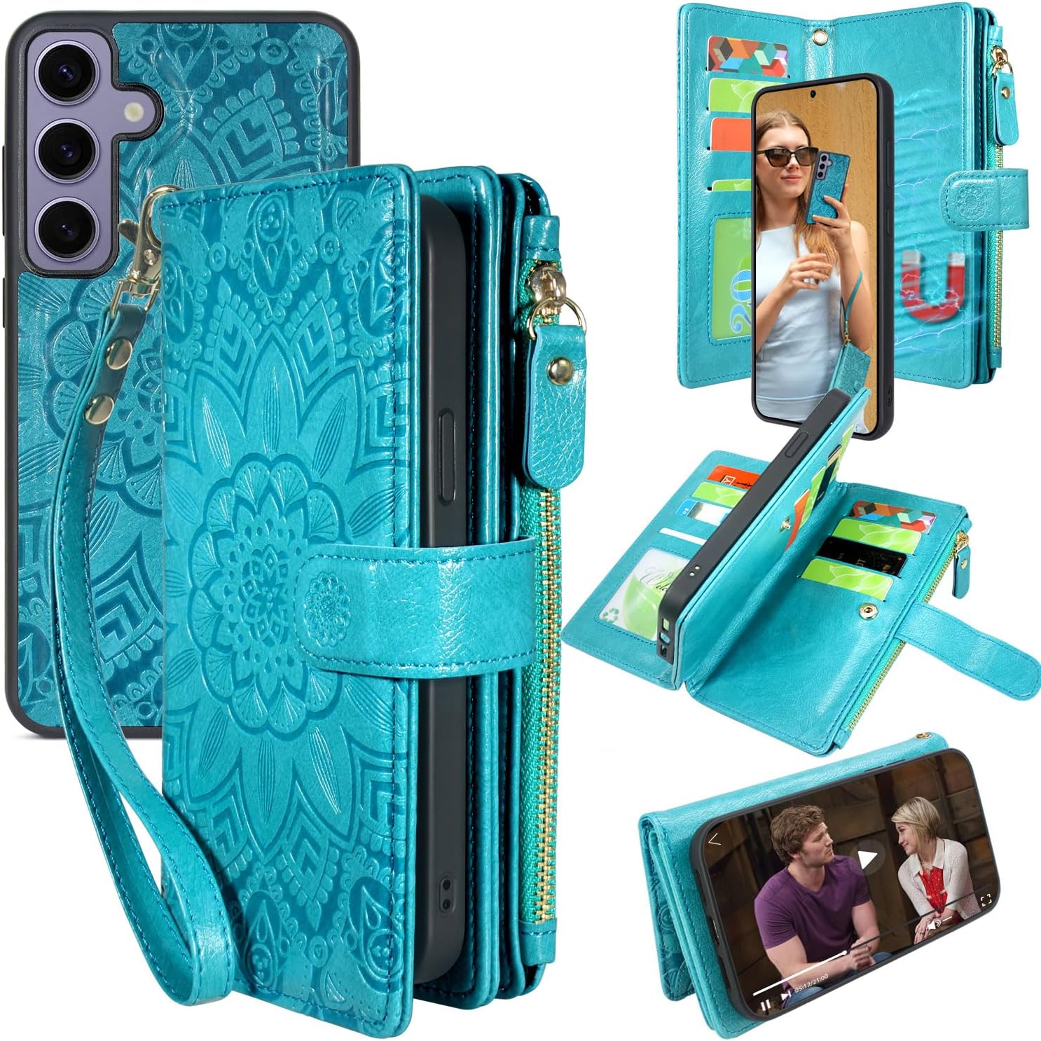 Harryshell Detachable Magnetic Zipper Wallet Leather Case with Cash Coin Pocket 12 Card Slots Holder Wrist Strap Lanyard for Samsung Galaxy S24 5G 6.2 inch (2024) (Flower Blue Green)