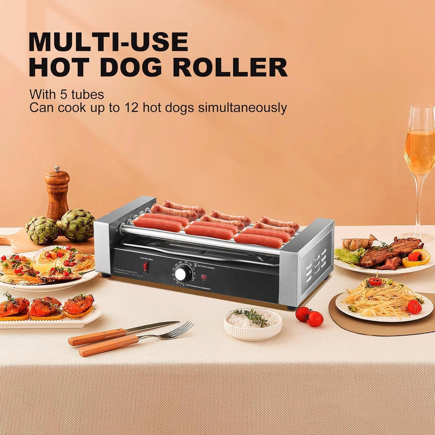 Commercial Hot Dog Roller,12 Hot Dog Capacity 5 Rollers,850W Stainless Steel Cook Warmer Machine With Pair Temp Control 360 Degree Rotation,Home Tabletop Grilled Ham Sausage Machine