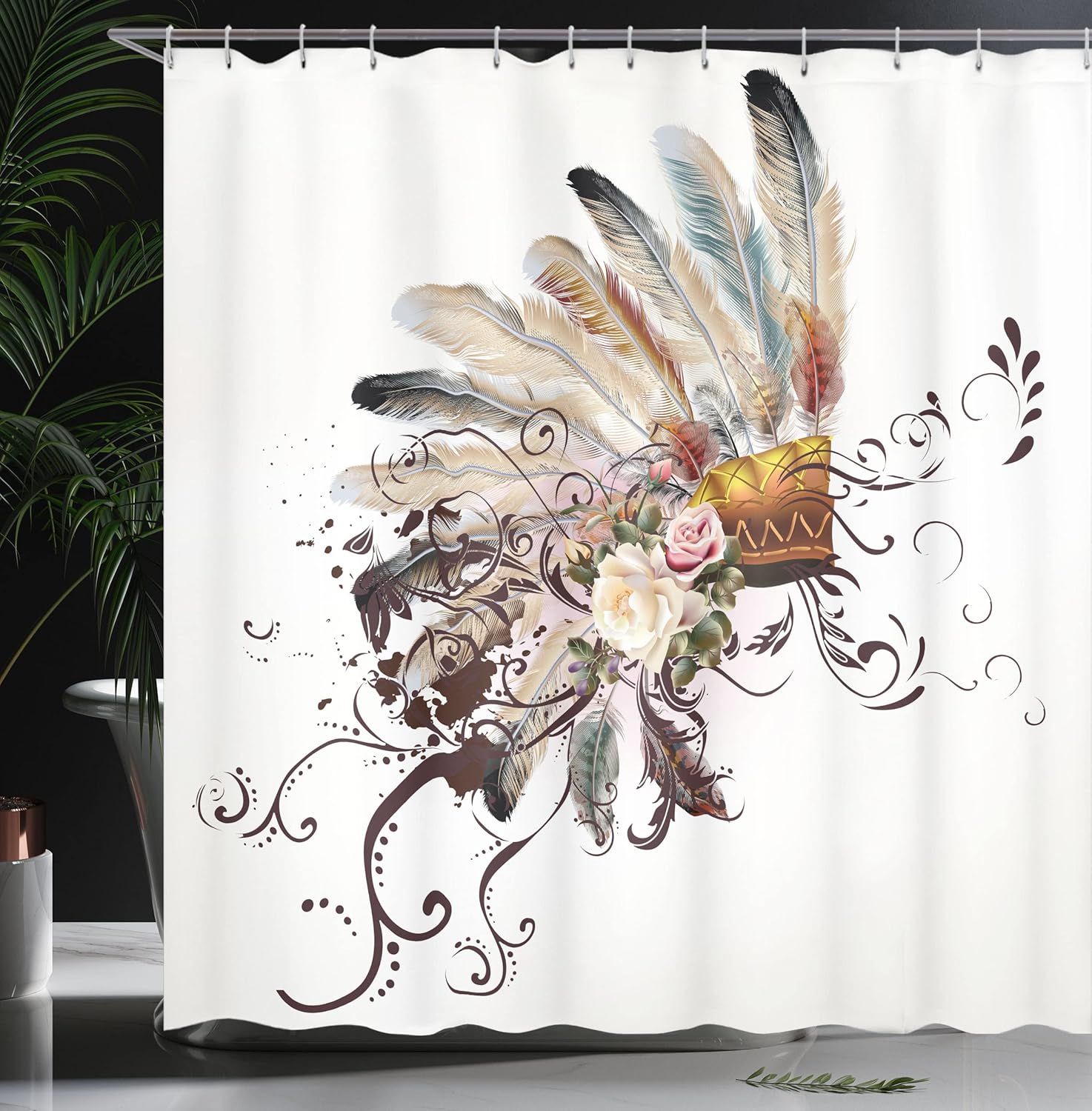Ambesonne Feather Shower Curtain, Floral Arrangements Head Wear Flowers Swirls Shapes, Cloth Fabric Bathroom Decor Set with Hooks, 69" W x 70" L, Beige Multicolor