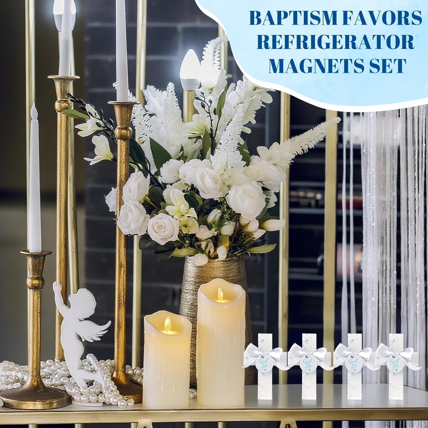 10 Set Baptism Favors for Guests Epoxy Cross Fridge Magnets First Communion Cross with Bag Christian Souvenirs Gift for Baptism Christening Baby Shower Party Family Gathering(Silver and White Bow) image 4
