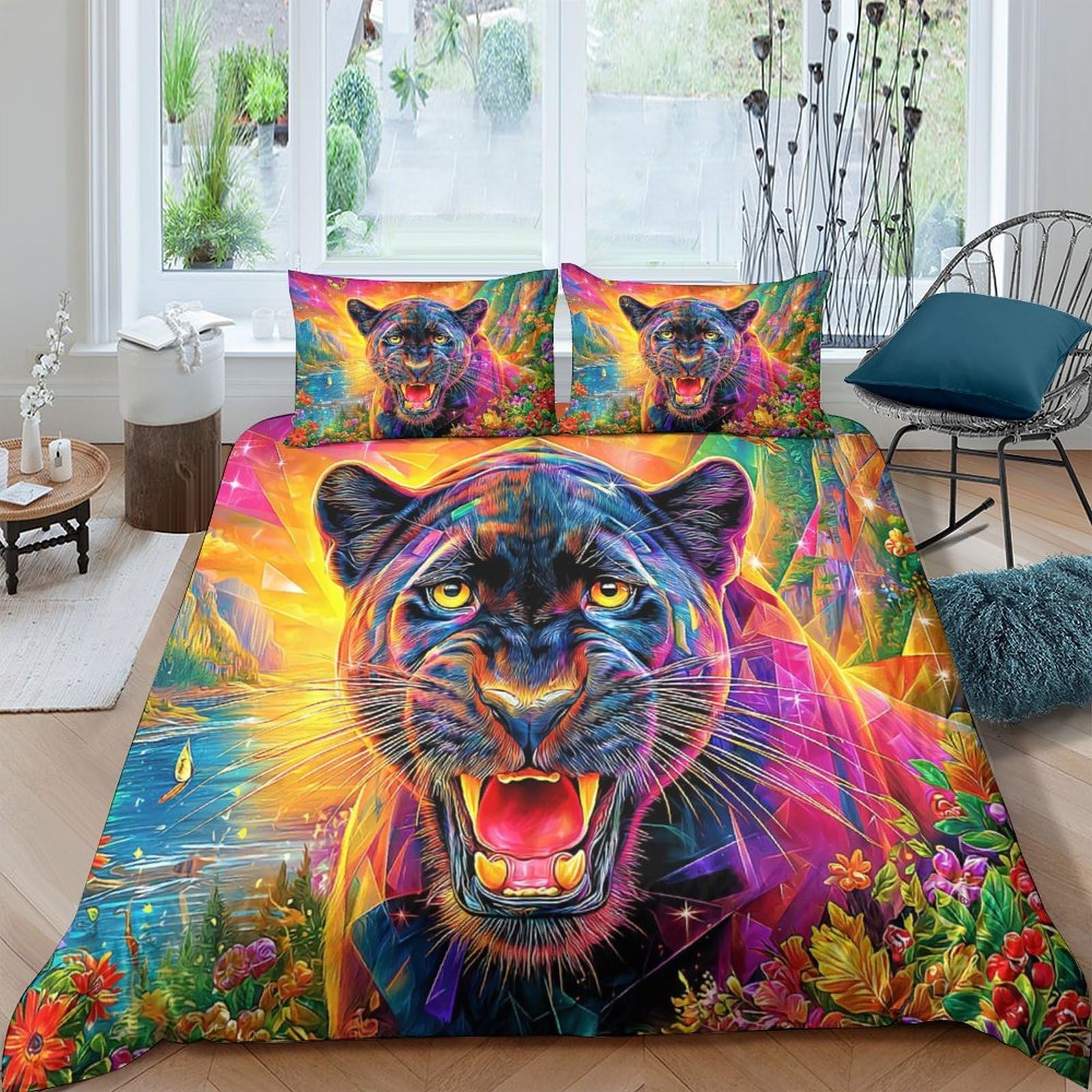 Housse de couette animal néon douce et légère 260x220cm pour un lit king size sans repassage