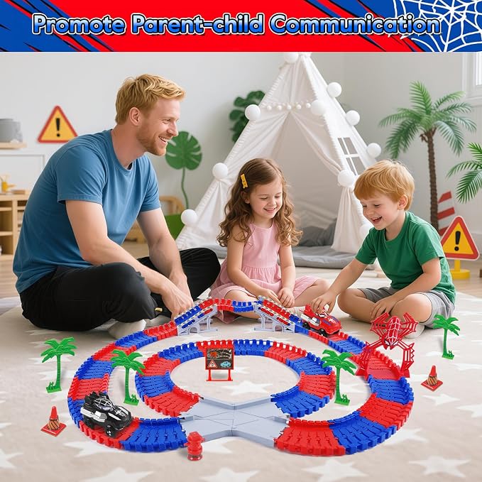 Pista de carreras con 212 piezas y 2 coches araña para niños miniatura 5