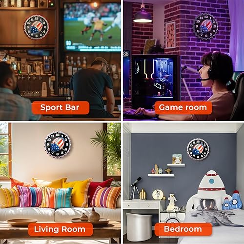 Miniatura 6 de Reloj de pared de neón, 12 pulgadas, diseño vintage de tapa de botella de cerveza con gráficos de bandera estadounidense y fútbol, impresionante