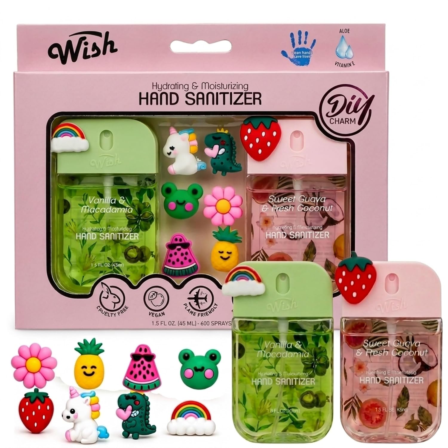 Wish Kids Hand Sanitizer Spray with Charms 2 Pack Gift Set Cute Mini Hydrating Moisturizing Power Mist Spray Scented Travel Size for Girls Women 1.5 oz - Vanilla Macadamia & Sweet Guava Coconut