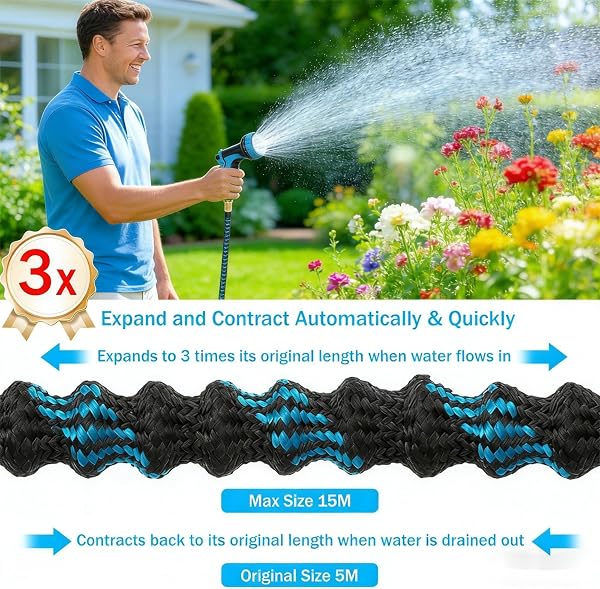 Expandable Garden Hose - Upgraded 3-Layer Latex Hose Pipe 50ft 15m Leak-Proof, Expanding Hose with Spray Gun, Stretchy Magic Hose with Fittings,No-Kink Flexible Water Hose for Garden,Pet,Car Cleaing - 3