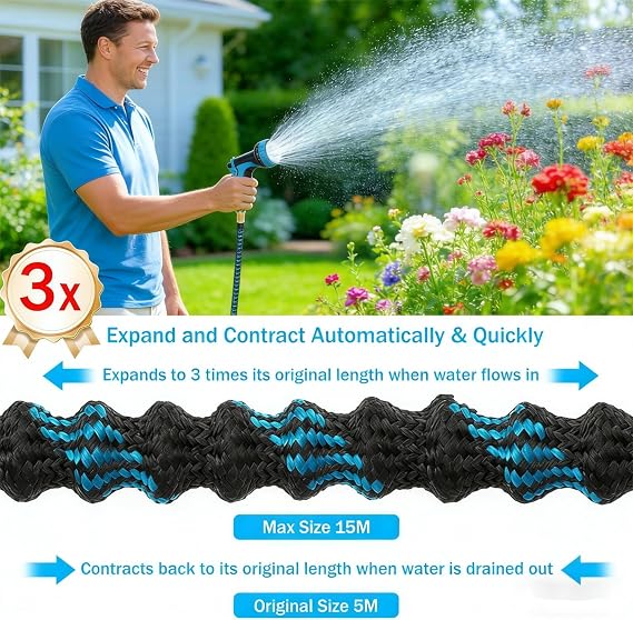 Expandable Garden Hose - Upgraded 3-Layer Latex Hose Pipe 50ft 15m Leak-Proof, Expanding Hose with Spray Gun, Stretchy Magic Hose with Fittings,No-Kink Flexible Water Hose for Garden,Pet,Car Cleaing