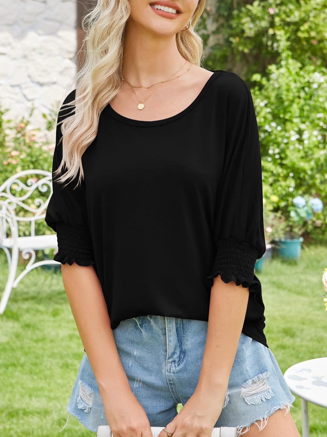 Elesomo Women's Tops 3/4 Sleeve Dressy Casual Crewneck Batwing Loose Fitting T Shirts - Image 4