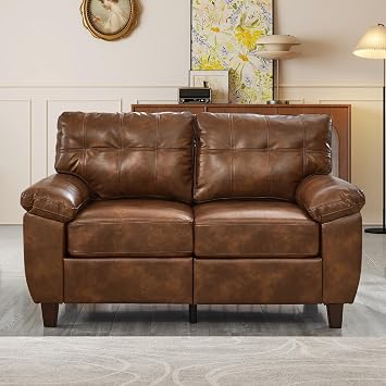 59-inch Loveseat Sofa with Storage, Mid-Century Vintage Retro Faux Leather PU Upholstery Tufted Cloud Comfy Deep Seat Sofa Couch for Living Room Office Apartment, Brown