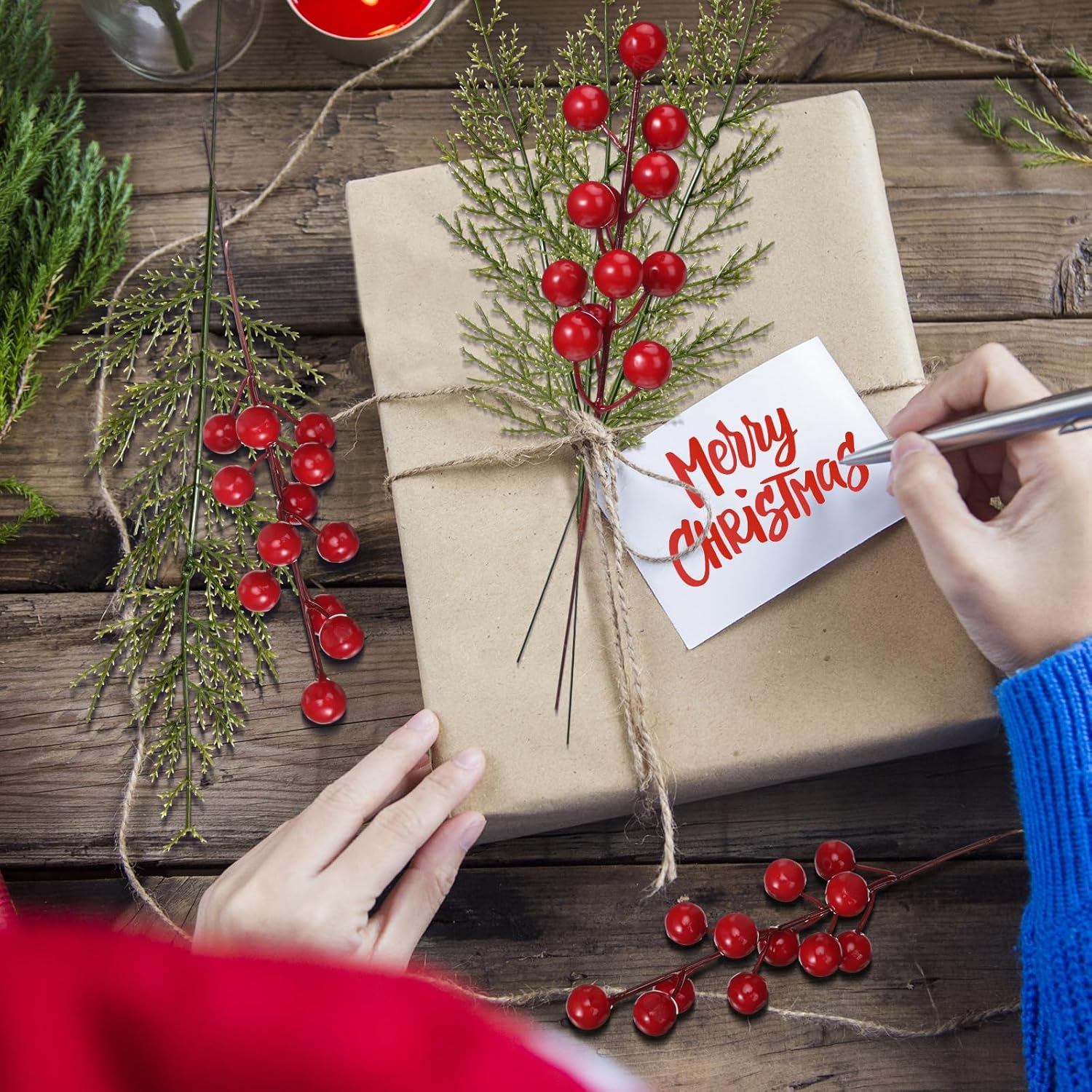 Norme 40個 クリスマス レッドベリー ピック 松の枝 ギフトラッピング用 人工クリスマスピックとスプレー レッドベリー 茎