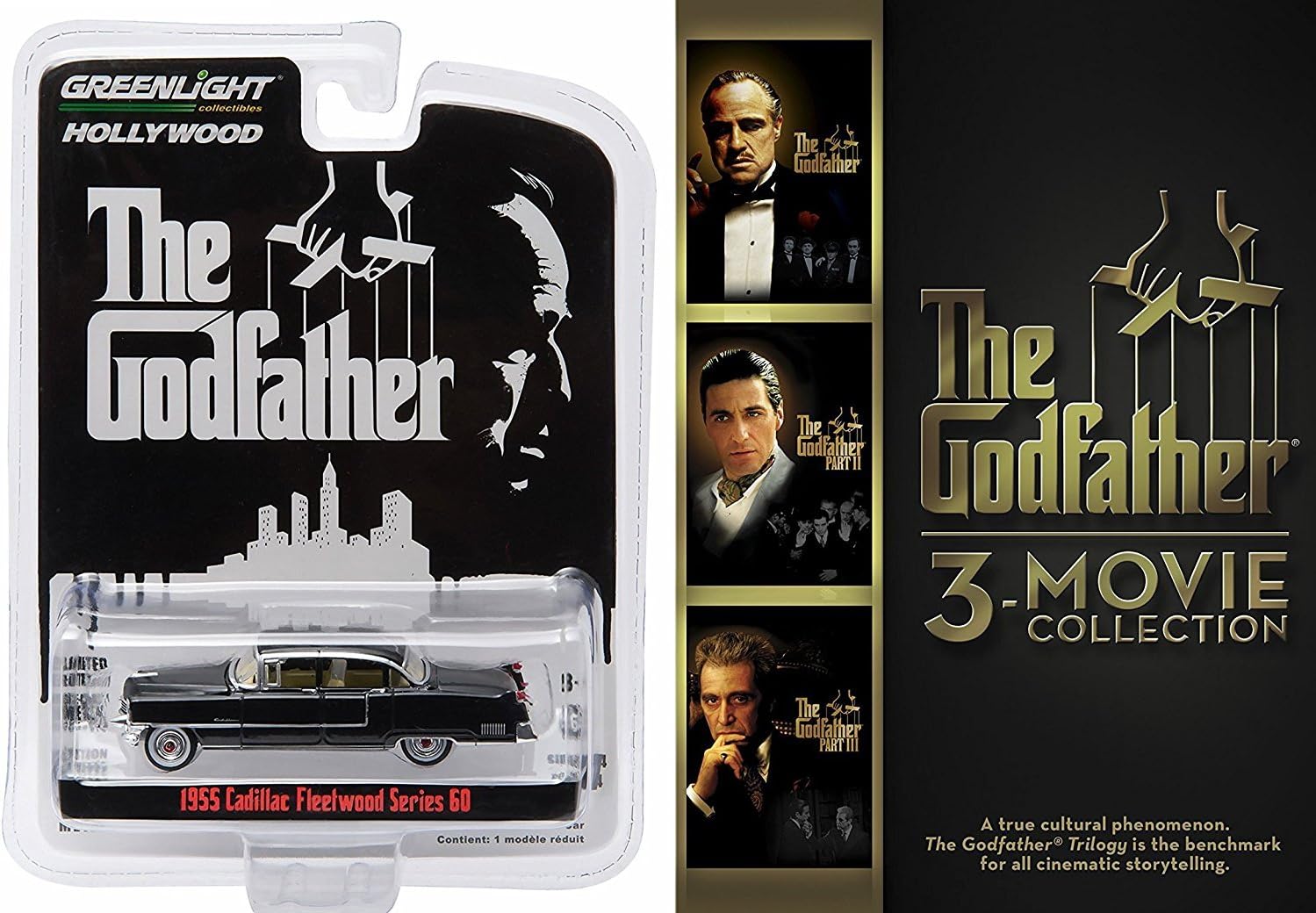 The Godfather 3-movie Collection DVD & 1955 CADILLAC FLEETWOOD from the classic film THE GODFATHER Mob Crime Trilogy Coppola Movie Set