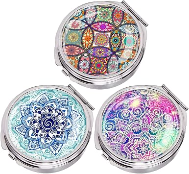 Small Pocket Pill Box,Portable Metal Pill Case with 3 Compartment Compact Travel Medicine Pills Holder with Mirror,Daily Medicine Tablet Organizer 3 Pack Mandala